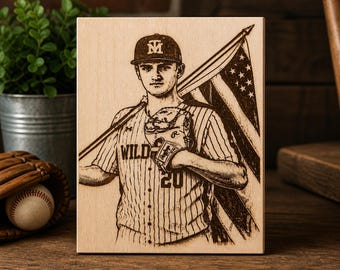 Targa in legno personalizzata con foto sportiva incisa / Regalo personalizzato per baseball, football americano e basket / Regalo per la serata dei diplomandi / Regalo di squadra / Ritratto del giocatore