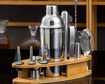 Personalized Bartender Kit: Stainless Steel Cocktail Set with Engraved Wood Stand