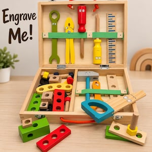 May include: A wooden toy tool set in a carrying case with an orange handle. The set includes a green spanner, yellow pliers, a red screwdriver, a yellow screwdriver, a ruler, a hammer, and a saw, all with cartoon faces. Includes various wooden blocks, bolts, and nuts in red, green, and yellow.