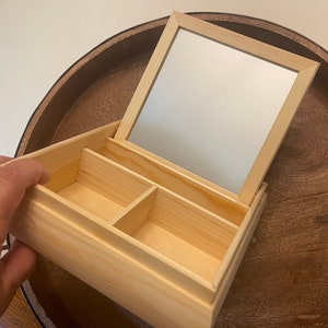 Unfinished Wood Box With Mirror & Dividers