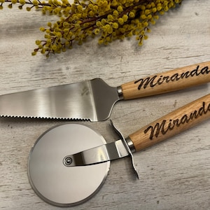 Personalized Pizza Cutter and Server Set: Engraved Wood Handles