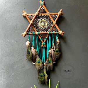 Unique peacock feather dreamcatcher star/Wall Hanging Decor, Bedroom Kids, Home Decoration Wedding Party Blessing Gift/ Special gift for boy