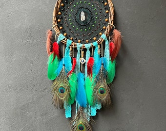 Handmade Green Feather Dreamcatcher: Nursery Wall Decor with Crystal