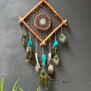 Square Natural peacock feathers Dreamcatcher / Large Dream Catchers for Bedroom Adult Wall Decor with Turquoise Stone / Christmas Gift
