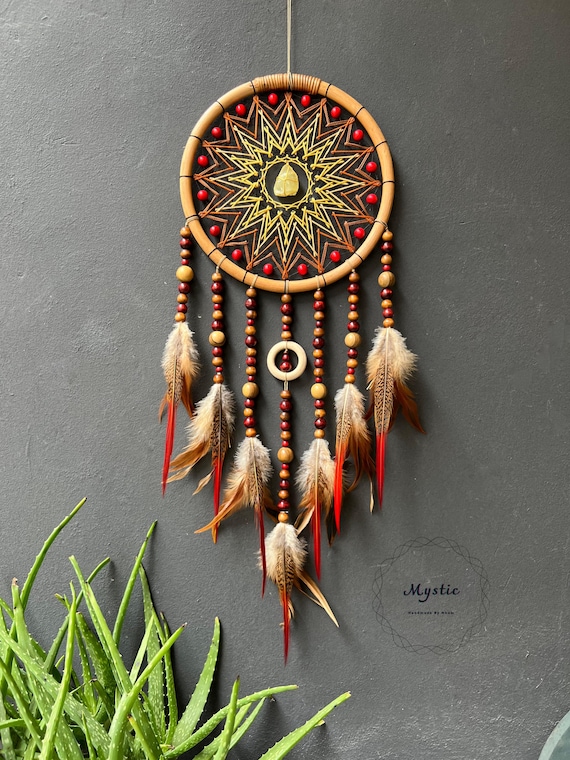 Handmade Brown Dream Catcher: Feather Wall Decor With Crystal - Etsy