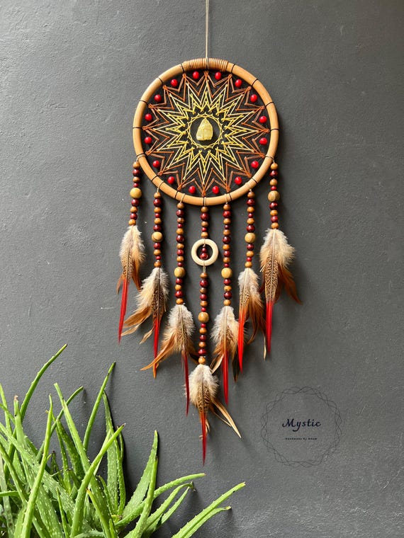 Handmade Brown Dream Catcher: Feather Wall Decor With Crystal - Etsy