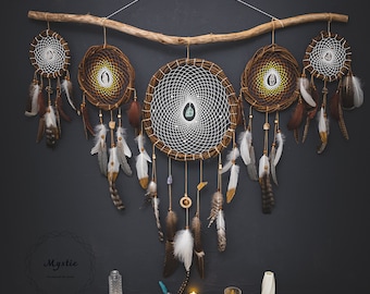 Large Rustic Dreamcatcher Set with Crystals and Feathers
