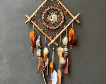 Acchiappasogni quadrato naturale: cristallo curativo, decorazione boho con piume