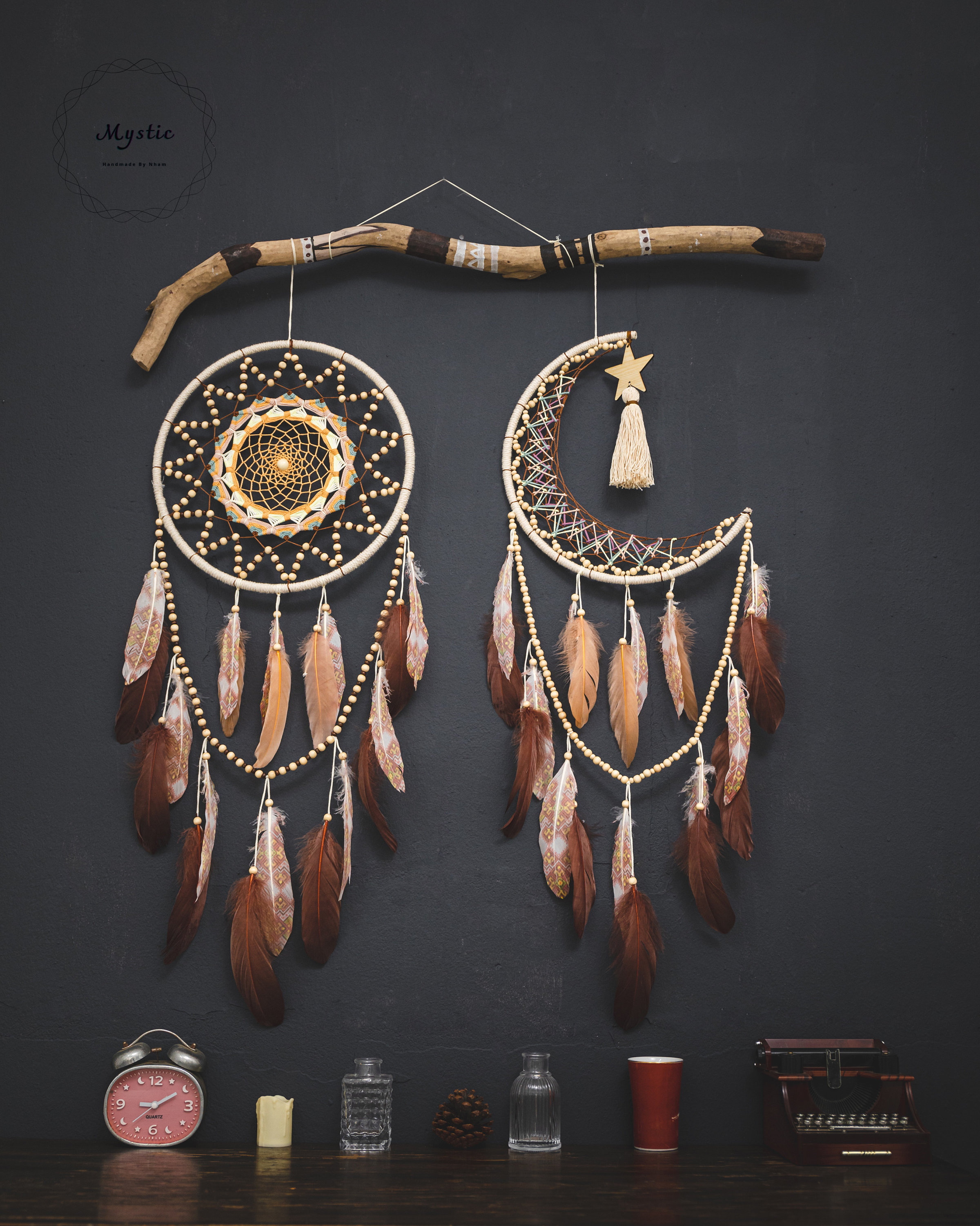 Set Di 3 Acchiappasogni Fatti A Mano - Forme Stella, Luna E Sole - 20 Cm - Decorazione Bionda In Corda Di Canapa - 2