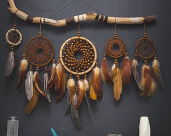 Bohemian Brown Feather Dreamcatcher Set, Handmade Home Decor
