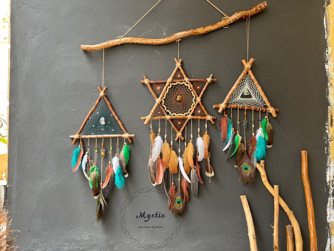 Handcrafted Willow Wood Dreamcatcher Set, Feather Crystal Decor - Etsy