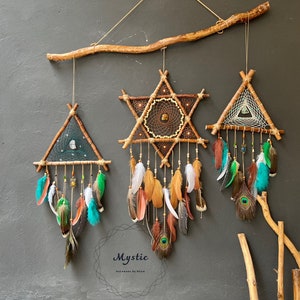Handcrafted Traditional  Style Dreamcatcher/ Large dreamcatcher forest wood / Natural Willow Wood,  Set 3 triangle star dreamcatcher hanging