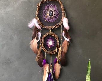 Boho Traumfänger mit Kristall, Feder Wandbehang