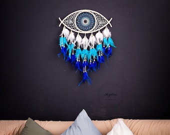 Blue Evil Eye Dreamcatcher: Handmade Kids Bedroom Wall Decor