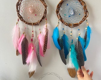 Natural Stone Dreamcatcher, Healing Crystal Wall Decor, Feather Art
