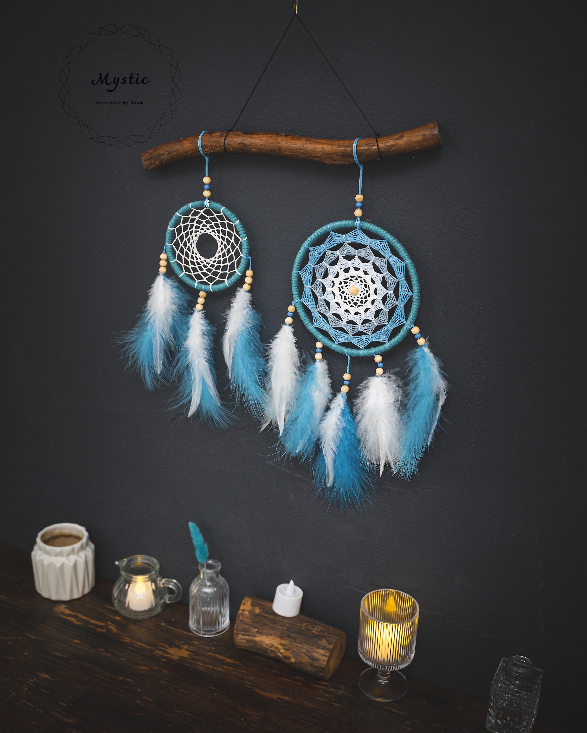 Acchiappasogni Boho Con Piume E Turchese – Decorazione Da Parete Etnica Per Camera Da Letto, Dormitorio O Casa, Diametro 13 Cm.