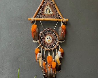 Triangle Dreamcatcher: Handmade Orange & Brown Bohemian Wall Hanging