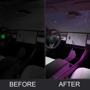 May include: Before and after images of a car interior. The before image shows a dark interior with a black dashboard and seats. The after image shows the same interior with purple LED lights installed along the dashboard and center console.