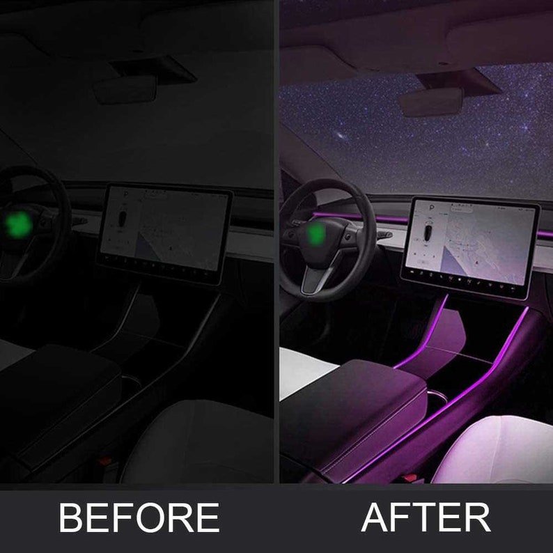 May include: Before and after images of a car interior. The before image shows a dark interior with a black dashboard and seats. The after image shows the same interior with purple LED lights installed along the dashboard and center console.