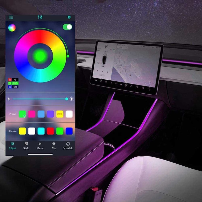 May include: A smartphone app interface showing a color wheel with a green dot in the center, a slider, and a row of color swatches. The app is used to control the color of LED lights in a car. The car interior is visible in the background, with purple LED lights illuminating the dashboard and center console.