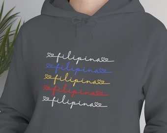 May include: A dark gray hoodie with a front pocket and a drawstring hood. The word "filipin@" is written in a script font in white, blue, yellow, red, and white. The word is repeated five times, each with a heart symbol.