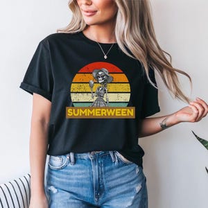 Retro Skeleton Halloween Summer Shirt, Summerween Vintage Style T-Shirt, Funny Skeleton Shirt Gift for Her, Sun Summer Vibe Shirt #55