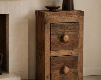 Handmade Reclaimed Wood Bedside Table: Rustic Farmhouse Nightstand with 2 Drawers