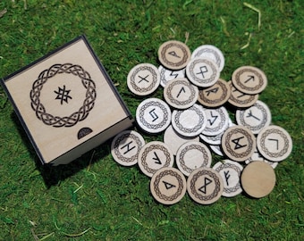 Laser Engraved Elder Futhark Runes, Celtic Birch Plywood Set with Wooden Box