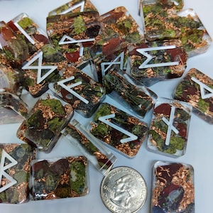 Dragon's Blood Jasper Crystal Runes, Copper Viking Elder Futhark
