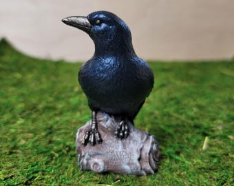 Hand-Painted Raven Statue, Iridescent Black Bird Figurine, Halloween Decor