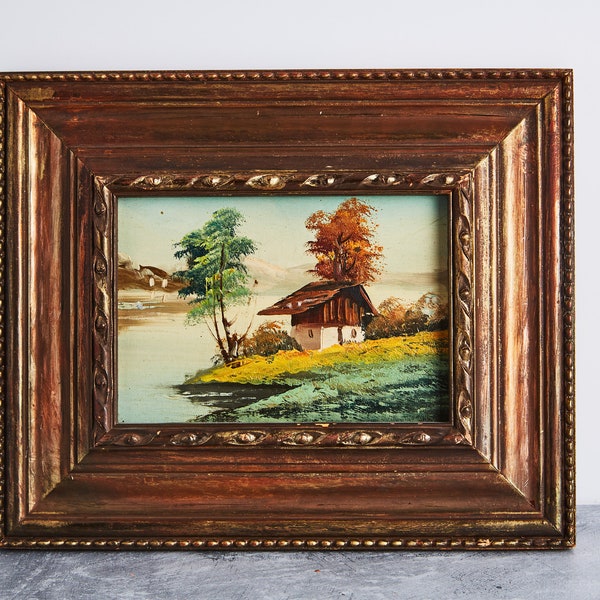 Gorgeous Vintage Ornately Framed Cabin House by a Lake River Mid Century Style Original Painting