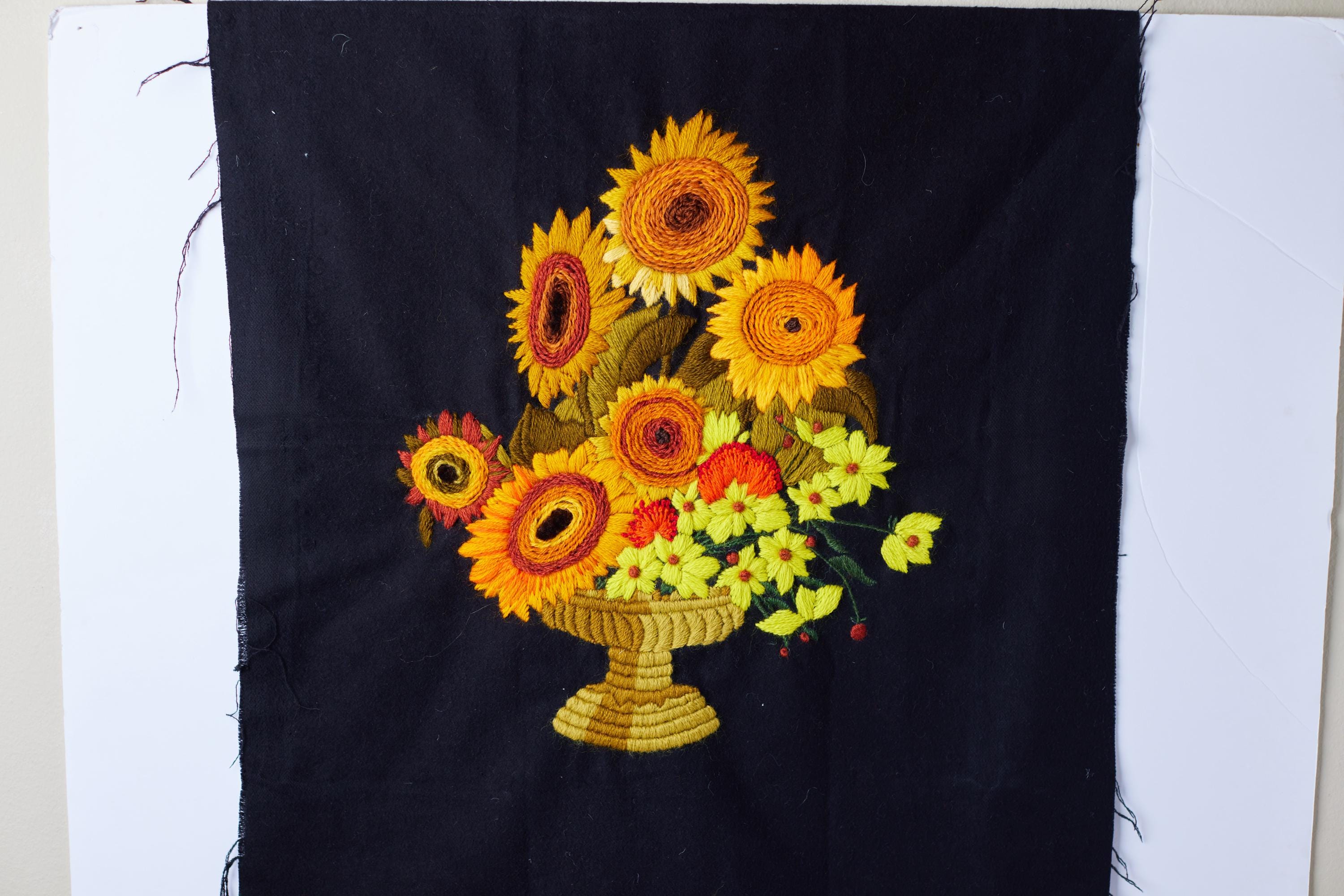 Beautiful Black Background Paragon Sunflowers in a Vase Crewel