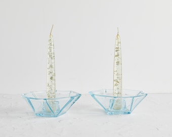 Beautiful Vintage Fostoria Glass Azure Light Blue Art Deco Style Candle Holders Set of 2