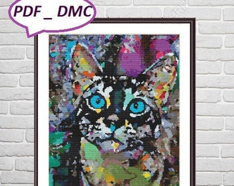 Watercolor cat Animal PDF Counted cross stitch pattern animal Galaxy Cat Digital cross stitch chart modern Housewarming cross stitch pattern