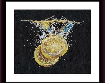 PDF レモン クロスステッチ パターン、静物画、即時ダウンロード