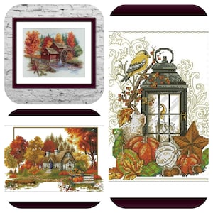 Conjunto de 3 patrones de punto de cruz contado en PDF, casa de pueblo, gráfico de punto de cruz digital, patrón de punto de cruz de otoño, descarga instantánea