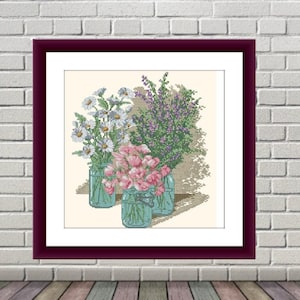 Bloemen in potten Geteld kruissteekpatroon pdf Bloem Digitaal x steekdiagram roos Stilleven kruissteekpatroon vintage boeket