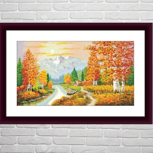 Herfst landschap PDF geteld kruissteekpatroon landschap herfst Digitale kruissteekkaart herfst seizoen PDF xstitch patroon direct downloaden