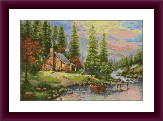 ヨーロッパ式刺繍絵タペストリー: A Cottage in the Forest Woodland Cottage PDF Counted Cross Stitch Pattern Landscape Fall