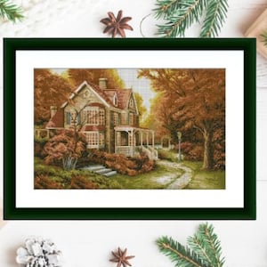 Autumn cottage Counted cross stitch pdf pattern village cottage Digital cross stitch chart fall cross stitch pattern instant download
