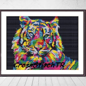 Regenbogen Tiger Tier PDF Kreuzstichvorlage Fantasy Tiere Digitale Kreuzstichvorlage moderner Löwe Kreuzstichvorlage