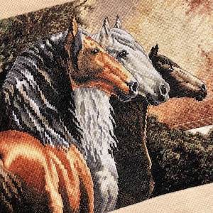May include: A detailed cross-stitch depicting three horses with brown, gray, and black manes. The horses are set against a backdrop of trees and a building, with a warm, sunset-like sky.