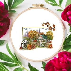 Autumn Landscape PDF Counted cross stitch pattern woodland sunset Digital cross stitch chart Fall season PDF stitch pattern instant download
