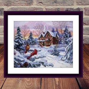 Christmas Memories PDF Counted cross stitch pattern winter red cardinal Digital cross stitch chart xmas eve PDF cross stitch pattern