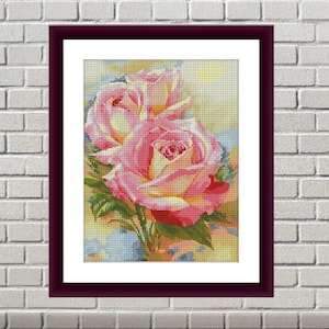 Acuarela rosa bodegón Patrón de punto de cruz contado pdf Flor Digital xstitch gráfico rosa Bodegón xstitch patrón ramo vintage