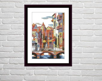 Rainbow city Counted cross stitch pattern Cityscape Digital cross stitch chart watercolor city cross stitch pattern needlepoint chart