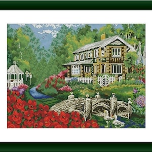 Summer cottage Counted cross stitch pdf pattern village cottage Digital cross stitch chart fall cross stitch pattern instant download