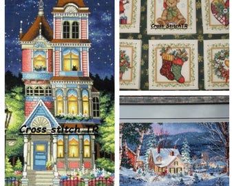 Christmas eve SET of 3 PDF Counted cross stitch pattern Winter landscape Digital cross stitch chart winter landscape PDF xstitch pattern