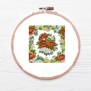 Vintage poppy runner tablecloth Counted cross stitch pattern antique bouquet cross stitch chart vintage cross stitch pattern needlepoint