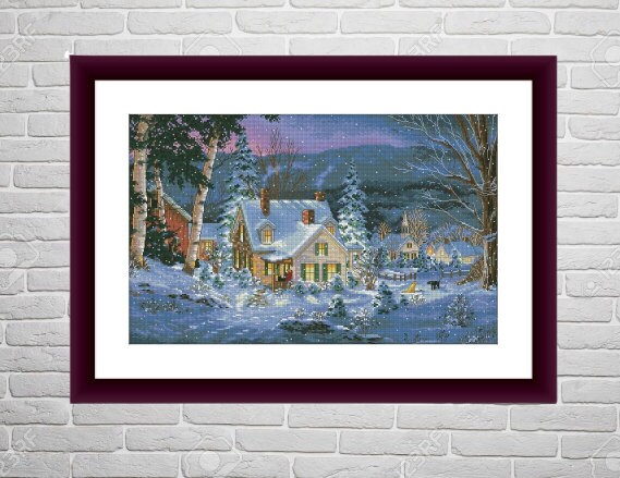 Christmas Cottage Counted Cross Stitch Pattern Winter Landscape Digital ...